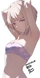 1girl absurdres armpits arms_up breasts choker cleavage closed_mouth dated gradient_hair highres hololive hololive_dev_is inuinuo_gataken looking_at_viewer multicolored_hair purple_choker purple_eyes purple_hair purple_tube_top short_hair simple_background small_breasts solo strapless streaked_hair todoroki_hajime tube_top virtual_youtuber white_background