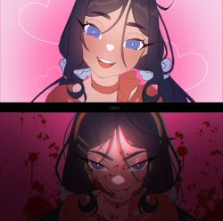 1girl black_hair blood blood_on_chest blood_on_face blood_splatter blue_eyes blue_scrunchie bow bow_choker bowtie bright_pupils choker closed_mouth collarbone crazy_mita_(miside) evil_smile eyelashes hair_between_eyes hair_ornament hair_scrunchie hairband hairclip happy head_tilt heart highres light_blush long_hair looking_at_viewer low_twintails meme miside mita_(miside) open_mouth pink_background red_bow red_bowtie red_choker red_hairband red_pupils red_shirt scrunchie sequential shirt signature smile squid_game straight-on teeth twintails upper_body upper_teeth_only wavy_mouth white_pupils wikate year_1_&amp;_year_2_(squid_game)_(meme)