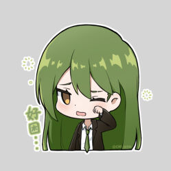 Rule 34 | 1boy, black jacket, blush, collared shirt, cropped torso, dot nose, formal clothes, green hair, grey background, jacket, lapels, lobotomy corporation, long hair, male focus, netzach (project moon), ori oriio, project moon, rubbing eyes, shirt, simple background, solo, upper body, white shirt, wince