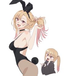 1girl animal_ear_hairband animal_ears black_choker black_leotard blonde_hair breasts chibi choker fake_animal_ears fake_tail gradient_hair hairband highleg highleg_leotard holding holding_own_hair kitagawa_marin leotard long_hair looking_at_viewer medium_breasts multicolored_hair multiple_views nail_polish open_mouth pantyhose pink_eyes pink_hair pink_nails playboy_bunny rabbit_ear_hairband rabbit_ears rabbit_tail sideboob simple_background smile sono_bisque_doll_wa_koi_wo_suru tail two-tone_hair white_background yulkuga