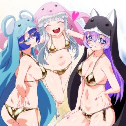 3girls absurdres bikini blue_hair breasts closed_eyes cowboy_shot digimon digimon_(creature) gerusyu gold_bikini golden_week golden_week_bikini grey_hair group_picture heart highres medium_breasts multiple_girls nail_polish nun purple_hair side-tie_bikini_bottom sistermon_blanc sistermon_ciel sistermon_noir small_breasts swimsuit