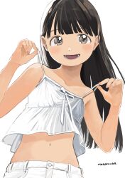 1girl absurdres artist_name bare_shoulders blunt_bangs blush breasts brown_eyes brown_hair camisole collarbone cowboy_shot denim dot_nose highres jeans looking_at_viewer lower_teeth_only midriff nagomurasan navel open_mouth original pants parted_bangs signature simple_background small_breasts solo strap_pull teeth white_background white_pants
