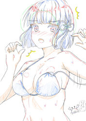 1girl ^^^ bare_shoulders bikini blunt_bangs blunt_ends blush bob_cut breasts cleavage color_trace commentary commentary_request crab embarrassed flower flower_knot hair_flower hair_ornament ikuto_(nanami_ice) link!_like!_love_live! looking_at_viewer love_live! medium_breasts momose_ginko nose_blush open_mouth short_hair simple_background sketch solo speech_bubble string_bikini swimsuit translation_request unfinished upper_body virtual_youtuber white_background