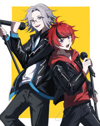 2boys absurdres ahoge aotsuki_eito black_jacket black_pants black_streaks blue_eyes border cowboy_shot cropped_jacket glasses grey_hair highres holding holding_microphone holding_microphone_stand hood hoodie jacket jacket_over_hoodie looking_at_viewer male_focus microphone microphone_stand multicolored_hair multiple_boys official_alternate_costume open_clothes open_jacket open_mouth outside_border pants purple_eyes red_hair red_hoodie short_hair simple_background smile streaked_hair sumino_takumi the_hundred_line_-last_defense_academy- tower_records white_border yellow_background yunge399