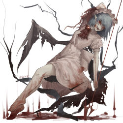 Rule 34 | 1girl, absurdres, artist name, ascot, barefoot, bat wings, blood, blood on clothes, blood on face, blood on feet, blood on hands, blood on leg, boru34, collared dress, dress, fangs, frilled dress, frilled hat, frills, gem, hat, highres, holding, holding polearm, holding weapon, laevatein (touhou), leaning back, looking at viewer, mob cap, open mouth, panties, pink hat, pointy ears, polearm, puffy short sleeves, puffy sleeves, red ascot, red eyes, red gemstone, remilia scarlet, short hair, short sleeves, signature, smile, solo, striped clothes, striped panties, torn wings, touhou, underwear, vampire, weapon, white dress, wings
