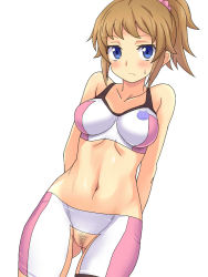 10s 1girl :&gt; bare_shoulders blue_eyes blush breasts closed_mouth collarbone cowboy_shot dutch_angle eeeeee female_focus female_pubic_hair frown gluteal_fold groin gundam gundam_build_fighters gundam_build_fighters_try hair_ornament hair_scrunchie hoshino_fumina looking_at_viewer midriff navel ponytail pubic_hair pussy scrunchie short_hair shorts simple_background skin_tight sleeveless solo standing stomach sweatdrop tank_top thigh_gap uncensored white_background white_shorts