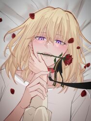2girls amakuma bang_dream! bang_dream!_it&#039;s_mygo!!!!! black_ribbon blonde_hair blush collar commentary fangs female_pov flower hair_between_eyes leash long_sleeves looking_at_viewer lying medium_hair misumi_uika mouth_hold multiple_girls on_back open_mouth petals pov purple_eyes red_collar red_flower red_rose ribbon rose rose_petals shirt teeth togawa_sakiko white_shirt yuri