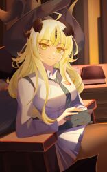Rule 34 | 1girl, absurdres, ahoge, arknights, asu 0602, black hat, black horns, black pantyhose, blonde hair, cat, closed mouth, collared shirt, commission, diagonal-striped clothes, diagonal-striped necktie, dragon horns, green eyes, hat, highres, horns, long hair, long sleeves, looking at viewer, necktie, official alternate costume, pantyhose, petting, reed (arknights), reed the flame shadow (arknights), reed the flame shadow (curator) (arknights), shirt, sitting, smile, solo, striped clothes, white shirt, wing collar, witch hat