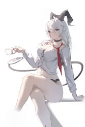 Rule 34 | 1girl, absurdres, black choker, black horns, black panties, black tail, breasts, choker, commentary, crossed legs, curled horns, hair between eyes, highres, holding, holding with tail, horns, large breasts, long hair, looking at viewer, loose necktie, necktie, no bra, no pants, panties, partially unbuttoned, prehensile tail, red eyes, red necktie, shirt, simple background, solo, tail, thighs, underwear, white background, white shirt, wuthering waves, yingmusang-l1f, zani (wuthering waves)