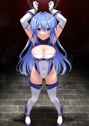 1girl aqua_eyes armpits arms_up blue_boots blue_dress blue_hair boots bound bound_legs bound_wrists breasts brick brick_floor chain cleavage covered_navel dress elbow_gloves exs-tia full_body gem gloves hair_intakes headgear highleg highleg_leotard highres jewelry katsuragi_marina kouyoku_senki_exs-tia legs_apart leotard looking_at_viewer mizuno_asami restrained solo thighhighs white_dress white_gloves white_thighhighs