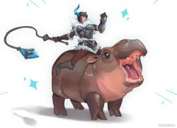 1girl absurdres animal armor baby_animal boots breasts commentary fake_horns full_body helmet highres hippopotamus holding horned_helmet horns large_breasts league_of_legends moo_deng open_mouth real_life riding sejuani shirt simple_background single_horn weapon