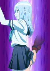 1girl absurdres anime_screenshot arm_up ass blue_skirt blush breasts female_focus grabbing_another&#039;s_ass groping highres kyou_no_asuka_show kyouno_asuka legs long_hair miniskirt molestation open_mouth panties pleated_skirt purple_background school_uniform serafuku short_sleeves sideways_glance skirt small_breasts solo solo_focus stomach striped_clothes striped_panties thighs touching_another&#039;s_ass underwear white_serafuku