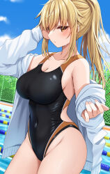 Rule 34 | 1girl, arm behind head, armpits, bare shoulders, black one-piece swimsuit, blonde hair, blue sky, breasts, chain-link fence, cleavage, closed mouth, cloud, collarbone, commentary request, competition swimsuit, covered navel, day, fence, hair between eyes, jacket, komori kuzuyu, large breasts, long sleeves, nao (kuzuyu), off shoulder, one-piece swimsuit, open clothes, open jacket, orange eyes, original, outdoors, ponytail, pool, poolside, puffy long sleeves, puffy sleeves, sky, solo, swimsuit, white jacket