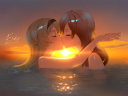 2girls blush closed_eyes cloud cloudy_sky eidis_scarlet firefly_(honkai:_star_rail) grey_hair hair_between_eyes hair_intakes hair_tie hairband highres honkai:_star_rail honkai_(series) in_water kiss long_hair multiple_girls nude open_mouth signature sky stelle_(honkai:_star_rail) sunset trailblazer_(honkai:_star_rail) twitter_username yuri