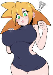 Rule 34 | !, !!, 1girl, absurdres, bare shoulders, black sweater, blush, breasts, buzzlyears, covered erect nipples, green eyes, highres, large breasts, mega man (series), mega man legends (series), roll caskett (mega man), simple background, solo, sweater, white background