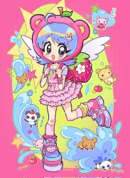 1girl 2000s_(style) abstract_background ahoge apple backpack bag bandaid bandaid_on_leg blue_eyes blue_hair blush bracelet brown_bear camisole child commentary corrupted_twitter_file english_commentary fashion flipped_hair food food-themed_bag food-themed_hat food_print frilled_skirt frills fruit fruit_print hair_ornament hat heart heart_necklace heisei_retro highres jewelry layered_clothes leaf leg_up looking_at_viewer mixed-language_commentary necklace oceaninspace original panda pendant pink_background pink_camisole pink_hat pink_shoes pink_skirt pink_socks rabbit_hair_ornament shirt shoes short_hair short_sleeves skirt smile sneakers socks solo spiked_bracelet spikes standing standing_on_one_leg strawberry_print striped_clothes striped_shirt translation_request white_wings wings yellow_socks