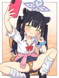 1girl animal_ear_fluff animal_ears bikini bikini_under_clothes black_hair black_shoes black_skirt blue_archive blue_halo blush bow bowtie cat_ears cat_girl closed_mouth clothes_around_waist extra_ears flat_chest green_eyes gyaru halo jacket jacket_around_waist leopard_print_bikini loli long_hair loose_socks miniskirt onyhakase pink_jacket pleated_skirt red_bow red_bowtie school_swimsuit scrunchie shirt shoes shun_(blue_archive) shun_(small)_(blue_archive) sitting skirt smile socks solo spread_legs swimsuit three-quarter_sleeves twintails v white_shirt white_socks wrist_scrunchie