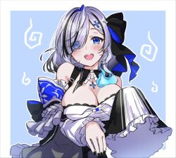 1girl bare_shoulders black_hair black_nails black_ribbon blue_eyes blue_fire blue_ribbon blush breasts buttoned_cuffs buttons choker cleavage cowboy_shot cross cross_necklace crystal_hair_ornament ebsk_oekaki fire first_stage_production frilled_wrist_cuffs frills ghost grey_hair hair_over_one_eye hair_ribbon highres jewelry large_breasts long_sleeves looking_at_viewer multicolored_hair necklace open_mouth pleated_shirt ribbon shirt simple_background single_sleeve_past_fingers sleeves_past_fingers sleeves_past_wrists smile solo streaked_hair virtual_youtuber white_shirt white_wrist_cuffs wrist_cuffs yuyu_yura