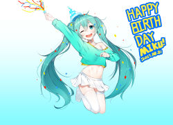 1girl absurdres aqua_background aqua_eyes aqua_hair aqua_sweater asymmetrical_legwear character_name confetti dated female_focus gradient_background hair_between_eyes happy_birthday hat hatsune_miku highres hip_focus long_hair looking_at_viewer midriff mismatched_legwear navel off-shoulder off-shoulder_sweater off_shoulder one_eye_closed open_mouth party_hat party_popper pleated_skirt see-through_clothes skirt smile solo sweater tareme the_cold thighhighs thighs twintails very_long_hair vocaloid white_skirt white_thighhighs