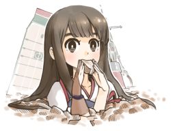 10s 1girl akagi_(kancolle) artist_name bauxite brown_eyes brown_hair female_focus fingerless_gloves food_in_mouth gloves kantai_collection long_hair orz_(orz57) partially_fingerless_gloves partly_fingerless_gloves single_glove solo yugake