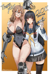 2girls aircraft airplane black_socks blue_sailor_collar brown_hair closed_eyes fighter_jet glasses grey_skirt highres isokaze_(kancolle) kantai_collection kitsune_udon_(qtsuneudon) kneehighs leotard long_hair looking_at_viewer military_vehicle miniskirt multiple_girls neckerchief open_mouth original playboy_bunny pleated_skirt red_eyes sailor_collar school_uniform serafuku skirt smile socks tongue tongue_out white_serafuku yellow_neckerchief