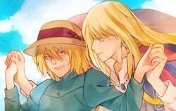 2boys alternate_costume androgynous bird blonde_hair blue_eyes brown_eyes canute clenched_teeth closed_mouth cloud cloudy_sky collar crossdressing crossdressing_(mtf) day earrings eyelashes flock grin hair_between_eyes holding_hands howl_no_ugoku_shiro jewelry long_hair looking_at_another male_focus multiple_boys outdoors parted_lips signature sky smile teeth thorfinn vinland_saga yaoi