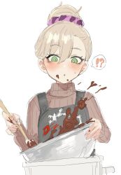 !? 1girl apron baking blonde_hair borrowed_character bright_pupils chocolate eyelashes green_hair hair_between_eyes hair_ornament hair_scrunchie matangomu-chan original ribbed_sweater scrunchie simple_background suisogenshi sweater turtleneck turtleneck_sweater white_background white_pupils
