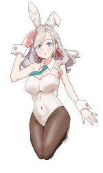 1girl alternate_costume animal_ear_hairband animal_ears aqua_necktie bare_shoulders black_pantyhose blue_eyes breasts buttons ceras_yanagida_lilienfeld cleavage commentary covered_navel detached_collar fake_animal_ears flats full_body goldluck grey_hair hair_ribbon hairband highres large_breasts legs_up leotard link!_like!_love_live! long_hair looking_at_viewer love_live! necktie pantyhose parted_lips pink_ribbon playboy_bunny rabbit-shaped_buttons rabbit_ear_hairband rabbit_ears ribbon shoes simple_background solo strapless strapless_leotard virtual_youtuber white_background white_leotard white_shoes white_wrist_cuffs wrist_cuffs