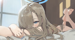 1girl ass asuna_(blue_archive) bed blue_archive blue_eyes blue_halo blue_nails blush completely_nude fingernails hair_over_one_eye halo indoors kagemoe1003 light_brown_hair long_hair lying nail_polish nude on_stomach soles solo sunlight the_pose toes window
