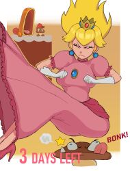 1girl ass blonde_hair breasts bu55top closed_eyes crown dress earrings face_in_ass gloves goomba high_heels highres jewelry large_breasts long_hair mario_(series) maw-maw nintendo princess_peach short_sleeves super_mario_bros._wonder tongue tongue_out