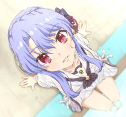 Rule 34 | 1girl, arar0158, ascot, barefoot, black ascot, black bow, blue hair, blurry, bow, braid, crown braid, depth of field, dutch angle, film grain, foreshortening, from above, full body, hair between eyes, hair bow, hair ribbon, hashtag-only commentary, leaning back, long hair, looking at viewer, looking up, miniskirt, parted lips, red eyes, red ribbon, ribbon, sailor collar, school uniform, serafuku, shirt, sidelocks, sitting, skirt, solo, sorakado ao, summer pockets, summer pockets school uniform, white sailor collar, white serafuku, white shirt, white skirt