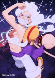 1boy alternate_form anger_vein clenched_teeth commentary cross_scar devil_fruit_power elasticity english_commentary facial_scar fur-trimmed_shorts fur_trim gear_fifth grin hat highres looking_at_viewer majimartbcn male_focus monkey_d._luffy one_piece purple_sash red_eyes sandals sash scar scar_on_cheek scar_on_chest scar_on_face shorts smile solo sparkle straw_hat stretched_limb teeth topless_male transformation unworn_hat unworn_headwear white_hair white_shorts