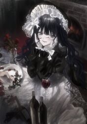 1girl akai_ringo_(eveyuno) black_dress black_gloves black_hair black_headdress blood blood_on_face breasts choker curtains dress elbow_gloves gloves goth_fashion highres indoors lolita_fashion long_sleeves looking_at_viewer non-web_source original solo window