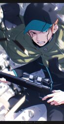 1boy absurdres arafune_tetsuji black_jacket black_pants clenched_teeth cloak gon_oekaki green_cloak grey_eyes gun highres holding holding_gun holding_weapon jacket looking_to_the_side male_focus orange_hair pants rifle short_hair solo teeth weapon world_trigger