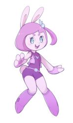 1girl animal_nose belt blue_eyes blush bob_cut bodysuit boots buck_teeth female_focus fingerless_gloves flat_chest full_body furry furry_female gloves hair_ornament happy highres kekitopu knee_boots light_blush looking_to_the_side open_clothes open_mouth open_vest original pink_gloves pink_hair purple_bodysuit purple_boots rabbit_ears rabbit_girl rabbit_tail short_hair short_tail sidelocks simple_background smile solo standing tail teeth thick_eyebrows thighs v-shaped_eyebrows vest white_background