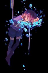 Rule 34 | 1other, bandaged arm, bandages, black background, black thighhighs, blue flower, blue shorts, boots, brown boots, brown hair, closed eyes, fingernails, flower, frisk (undertale), hair between eyes, hands up, highres, lazy kun, long sleeves, lying, petals, purple sweater, short hair, shorts, simple background, sleeping, solo, striped clothes, striped sweater, sweater, teeth, thighhighs, undertale, wide sleeves
