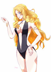 1girl ao_no_kiseki armlet artist_name blonde_hair blue_eyes bracelet breasts cleavage eiyuu_densetsu floating_hair hand_on_own_hip ilya_platiere jewelry long_hair medium_breasts one-piece_swimsuit pendant_choker plunging_neckline sideboob sidelocks simple_background solo swimsuit wavy_hair white_background xiacheng_tatsuya zero_no_kiseki