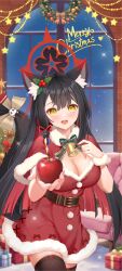 1girl :d alternate_costume animal_ears apple bell belt black_belt black_hair black_thighhighs blue_archive blunt_ends blurry blurry_background blush bow bow_legwear bowtie box breasts capelet chinese_commentary christmas christmas_ornaments christmas_tree cleavage colored_inner_hair commentary_request cowboy_shot dress eyeshadow fingernails food fox_ears fox_girl fox_tail fruit fur-trimmed_capelet fur-trimmed_dress fur_trim gift gift_box green_bow green_bowtie hair_between_eyes hair_ornament halo hand_up happy highres holding holding_food holding_fruit incoming_food indoors kevin_(reillymark1) large_breasts leaf_hair_ornament long_hair looking_at_viewer makeup merry_christmas mistletoe multicolored_hair neck_bell night open_mouth pom_pom_(clothes) red_bow red_capelet red_dress red_eyeshadow red_hair red_halo santa_capelet santa_costume santa_dress short_dress sidelocks smile solo star_(symbol) straight_hair striped_bow striped_bowtie striped_clothes tail tail_raised thighhighs two-tone_hair very_long_hair wakamo_(blue_archive) yellow_eyes zettai_ryouiki