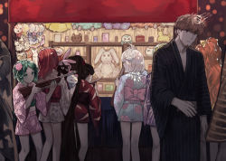 1boy 6+others alternate_hairstyle barbata black_hair blonde_hair blue_kimono bob_cut bort bow bowl_cut brown_hair cinnabar_(houseki_no_kuni) collared_shirt commentary contemporary diamond_(houseki_no_kuni) dissolving dress_shirt english_commentary facial_hair facing_away feet_out_of_frame firing flower goat green_eyes green_hair gun hair_flower hair_ornament headshot highres houseki_no_kuni japanese_clothes kimono long_hair long_sleeves market_stall mask multiple_others orange_hair out_of_frame outdoors phosphophyllite pink_bow pink_flower pink_kimono playing ponytail red_hair red_kimono rifle shelf shirt short_kimono short_yukata sleeves_rolled_up standing stuffed_animal stuffed_cat stuffed_rabbit stuffed_toy summer_festival very_long_hair weapon white_hair wind_chime yellow_diamond_(houseki_no_kuni) yukata zakirsiz