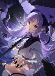 Rule 34 | 1boy, 1girl, absurdres, black nails, breasts, commentary, dress, english commentary, gem, hairband, highres, holding, holding umbrella, hugo vlad, jewelry, long hair, long sleeves, looking at viewer, mole, mole under eye, multiple rings, offering hand, out of frame, pointy ears, pov, purple gemstone, purple hair, purple hairband, purple umbrella, red eyes, ring, ringlets, sideboob, sidelocks, solo focus, umbrella, uyu (pixiv 29530402), vivian banshee, zenless zone zero