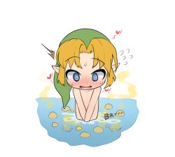 aged_down ass blonde_hair blush bubble completely_nude covering_privates dirty embarrassed fart gas green_hat hanuvo hat highres lake link nintendo nude pointy_ears rolling_eyes shota smell smelly smelly_anus sweat sweatdrop swimming the_legend_of_zelda the_legend_of_zelda:_ocarina_of_time water wavy_mouth young_link