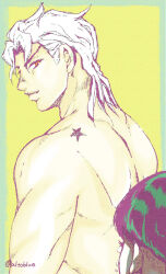 Rule 34 | 2boys, birthmark, black hair, bowl cut, commentary request, crying, dio brando, father and son, giorno giovanna, haruno shiobana, hisohiso (altoblue), joestar birthmark, jojo no kimyou na bouken, male focus, multiple boys, red eyes, signature, star (symbol), stardust crusaders, tears, topless male, twitter username, vento aureo, white hair