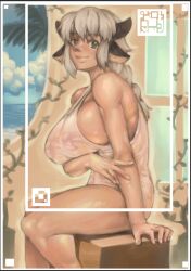 1girl animal_ears arm_under_breasts blue_eyes blue_sky blush braid braided_ponytail breasts brown_horns closed_mouth cloud commentary covered_erect_nipples cow_ears cow_girl cow_horns day english_commentary feet_out_of_frame highres horns indoors large_breasts looking_at_viewer nandi_(puchirisu) no_tail one-piece_swimsuit original puchirisu sitting sky smile solo swimsuit viewfinder white_hair white_one-piece_swimsuit window