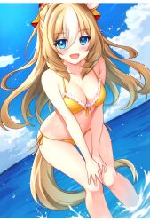 1girl alternate_costume animal_ears bikini blonde_hair blue_eyes cloud durandal_(umamusume) ear_covers frilled_bikini frills hair_between_eyes hands_on_own_knees horse_ears horse_girl horse_tail knees_together_feet_apart kotoramaru looking_at_viewer multicolored_hair ocean side-tie_bikini_bottom single_ear_cover smile solo streaked_hair swimsuit tail umamusume