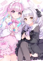 2girls absurdres ahoge alternate_costume aqua_hair black_bow black_dress black_thighhighs blush bow bowtie braid cellphone colored_inner_hair commentary_request dress earrings frilled_bow frilled_sailor_collar frills glowstick grey_hair hair_bow highres holding holding_glowstick holding_phone hololive jewelry lock lock_earrings long_hair long_sleeves looking_at_viewer lying minato_aqua monon_tulle multicolored_hair multiple_girls murasaki_shion nail_polish on_back one_side_up parted_lips phone pill pink_bow pink_bowtie pink_dress pink_eyes pink_hair puffy_sleeves purple_bow purple_bowtie purple_nails sailor_collar shirt smartphone syringe tearing_up teeth thighhighs twintails virtual_youtuber white_sailor_collar white_shirt yellow_eyes