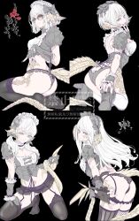1girl black_background black_gloves black_panties black_thighhighs fingerless_gloves glasses gloves kneeling lakugali_shiki maid_headdress multiple_views no_shoes original panties tail thighhighs underwear white_hair