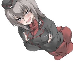 Rule 34 | 1girl, black hat, black jacket, blue eyes, blue nails, blush, commentary, cowboy shot, cropped torso, crossed arms, dress shirt, dutch angle, elf (stroll in the woods), frown, garrison cap, girls und panzer, grey hair, half-closed eyes, hat, insignia, itsumi erika, jacket, kuromorimine military uniform, long sleeves, looking at viewer, medium hair, military hat, military uniform, miniskirt, open mouth, pleated skirt, red shirt, red skirt, shirt, skirt, solo, standing, sweatdrop, textless version, wing collar