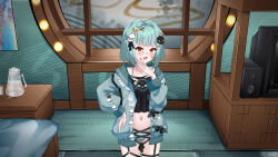 Rule 34 | 1girl, alceid, bandaid, bandaid on face, bed, bed sheet, belly, blush, bow, bra, bug, butterfly, commission, hair bow, hair ornament, hair ribbon, hairclip, highres, inami yoki, indie virtual youtuber, indoors, insect, jacket, knee up, knees up, looking at viewer, navel, open mouth, panties, ribbon, shirt, short hair, skull, smile, solo, standing, striped bra, striped clothes, striped panties, thick eyebrows, underwear, virtual youtuber