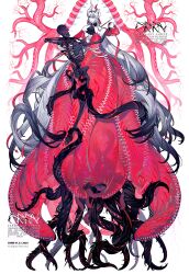 1girl absurdly_long_hair absurdres black_hair breasts colored_skin colored_tips crrn flesh highres horns large_breasts long_hair multicolored_hair original red_eyes red_ribbon ribbon shirt skeleton solo tentacles two-tone_hair veins very_long_hair white_shirt white_skin