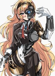 Rule 34 | 1girl, aigis (persona), arm at side, arm up, black jacket, black skirt, blonde hair, blue eyes, blush, breasts, cowboy shot, facing viewer, gloves, headband, headphones, highres, jacket, joints, long hair, looking down, loose neck ribbon, mechabare, medium breasts, neck ribbon, persona, persona 5, red ribbon, ribbon, robot joints, school uniform, sketch, skirt, solo, teeth, very long hair, white background, white gloves, yuyuy 00